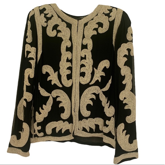 Vintage 100% Black Silk Beaded Pearl Evening Jacket Made in India Sz S - Picture 3 of 11